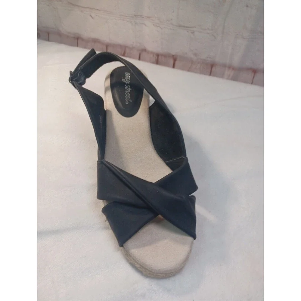 Easy Street Black Espadrille Wedge Slingback Sandals Women's Size 9.5WW